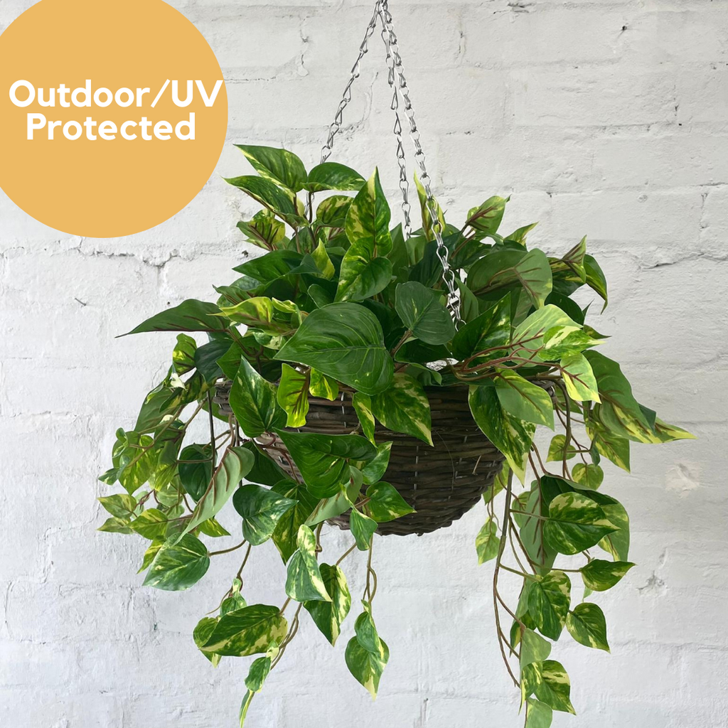 Artificial Pre Made Hanging Basket-Woven Basket with UV Protected Pothos Plant